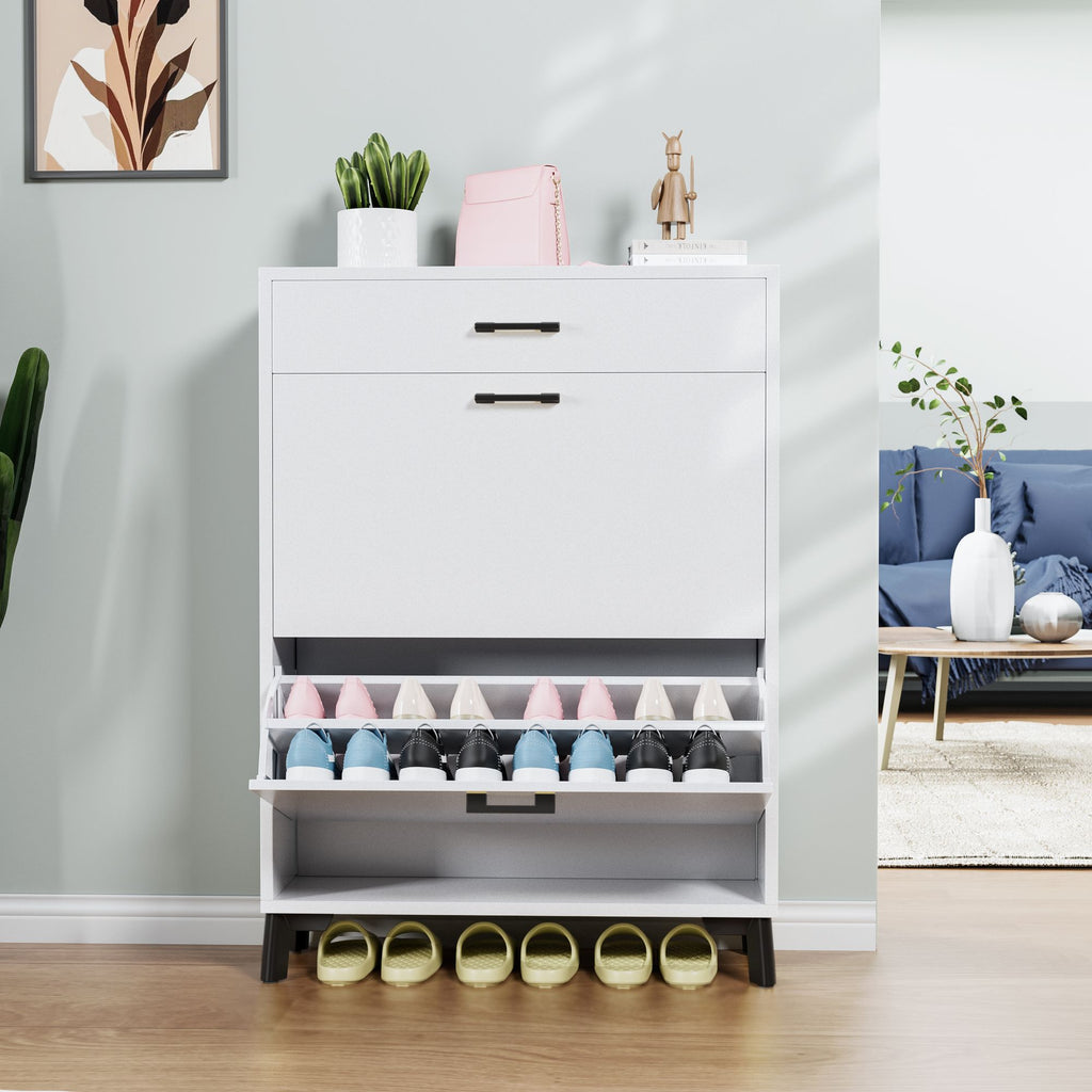 Freestanding Shoe Organizer with Flip-Top Drawers and Bottom Rack