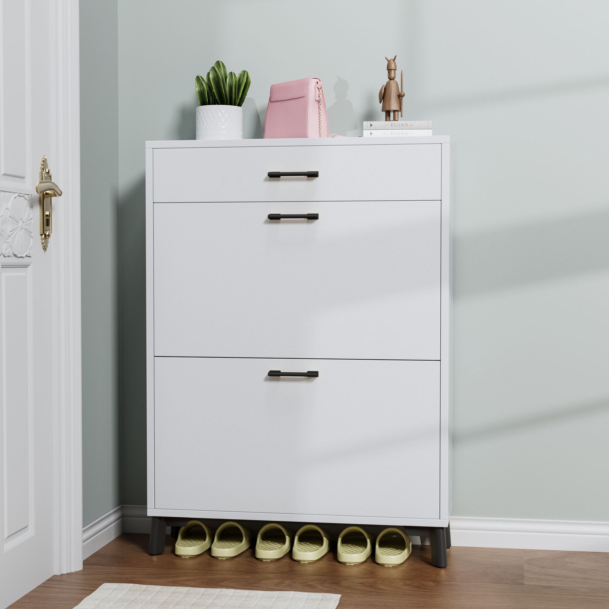 Freestanding Shoe Organizer with Flip-Top Drawers and Bottom Rack