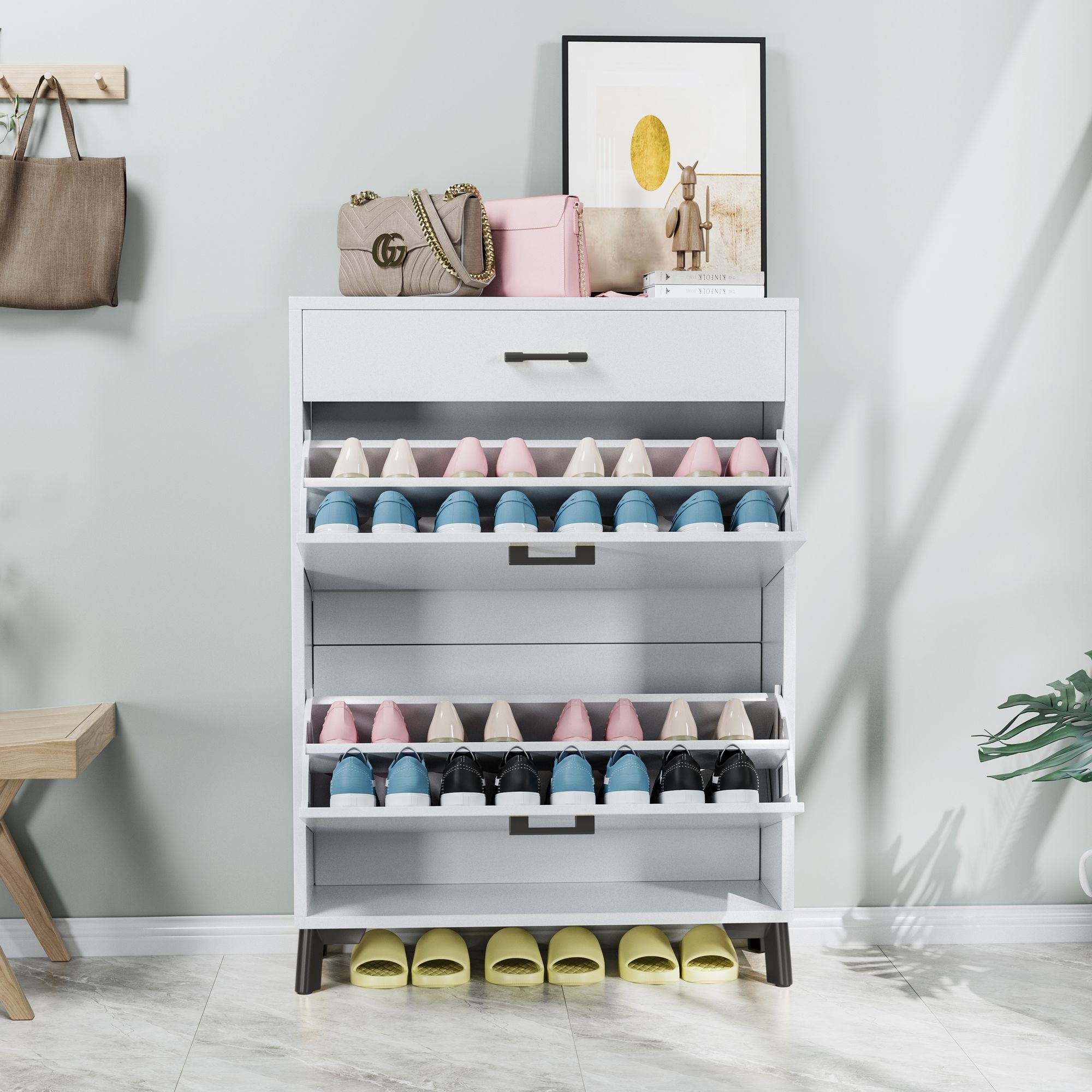 Freestanding Shoe Organizer with Flip-Top Drawers and Bottom Rack