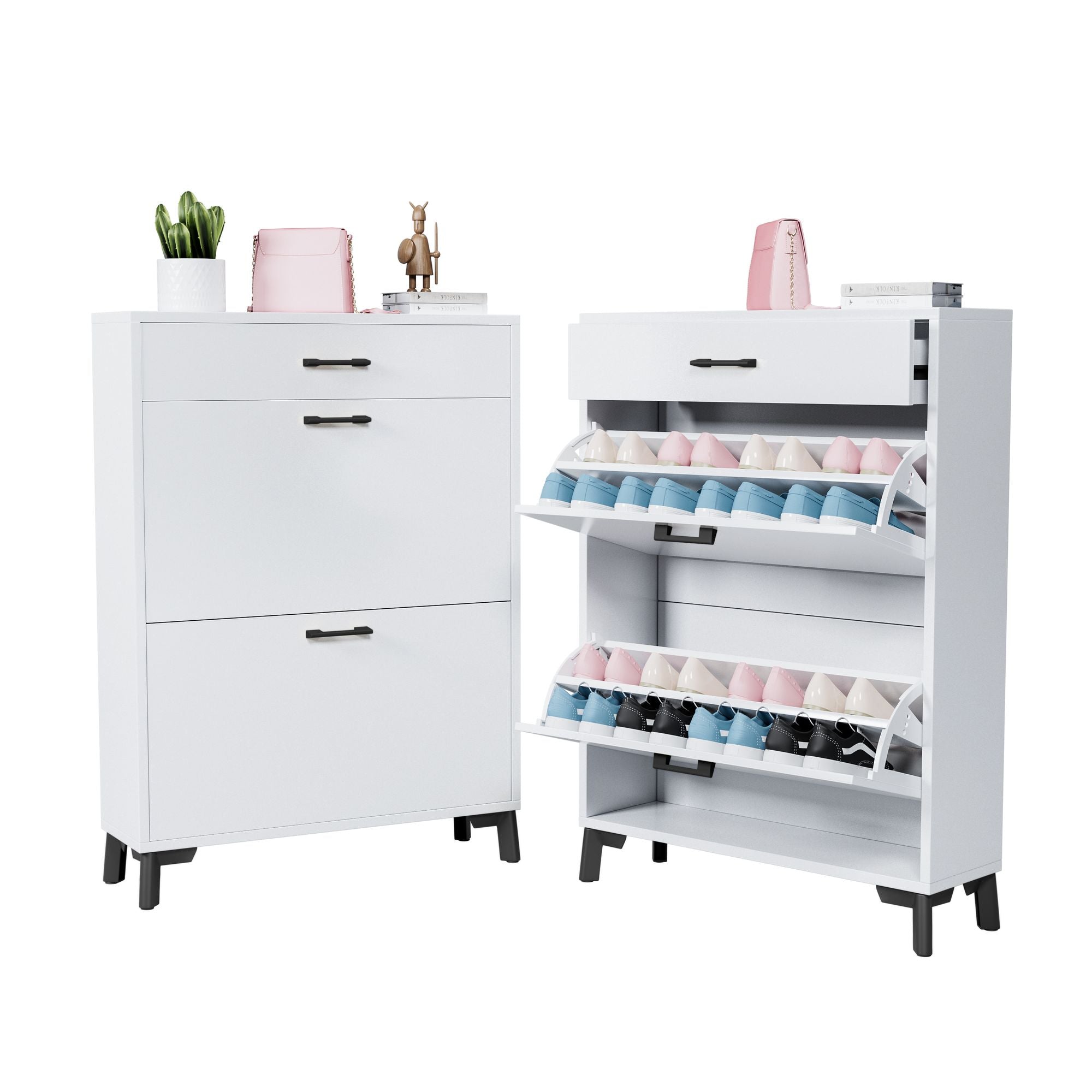 Freestanding Shoe Organizer with Flip-Top Drawers and Bottom Rack