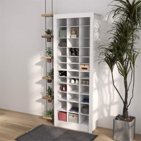 White Shoe Cabinet with Multi-Height Shelves for Narrow Spaces