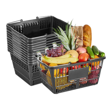 Shopping Baskets, 12 PCS, 21L Stackable PE Plastic Grocery Baskets with Handles, Dense Mesh Structur