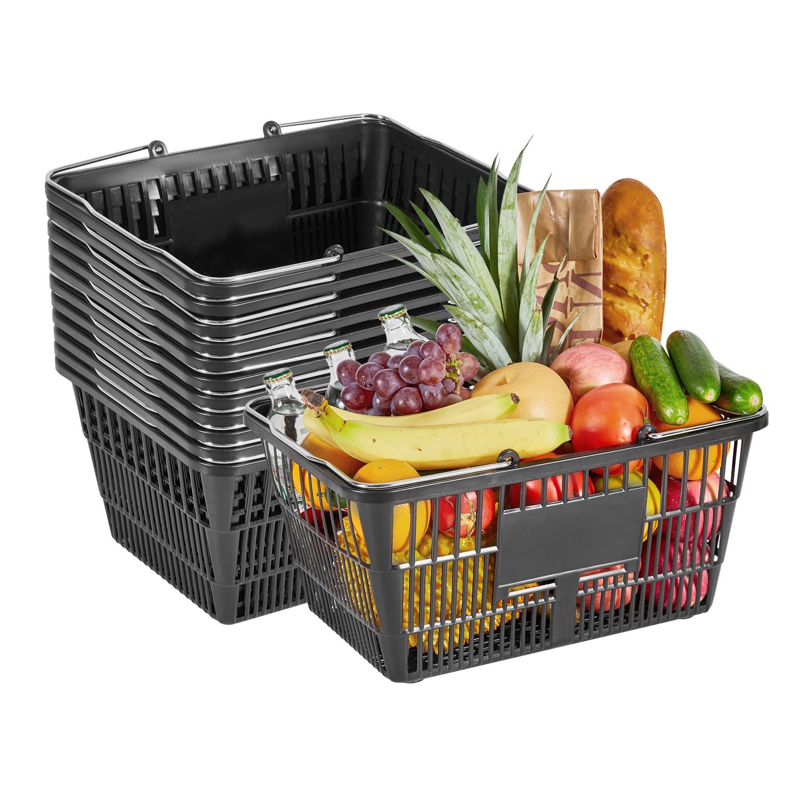 Shopping Baskets, 12 PCS, 21L Stackable PE Plastic Grocery Baskets with Handles, Dense Mesh Structur