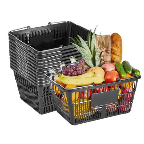 Shopping Baskets, 12 PCS, 21L Stackable PE Plastic Grocery Baskets with Handles, Dense Mesh Structur