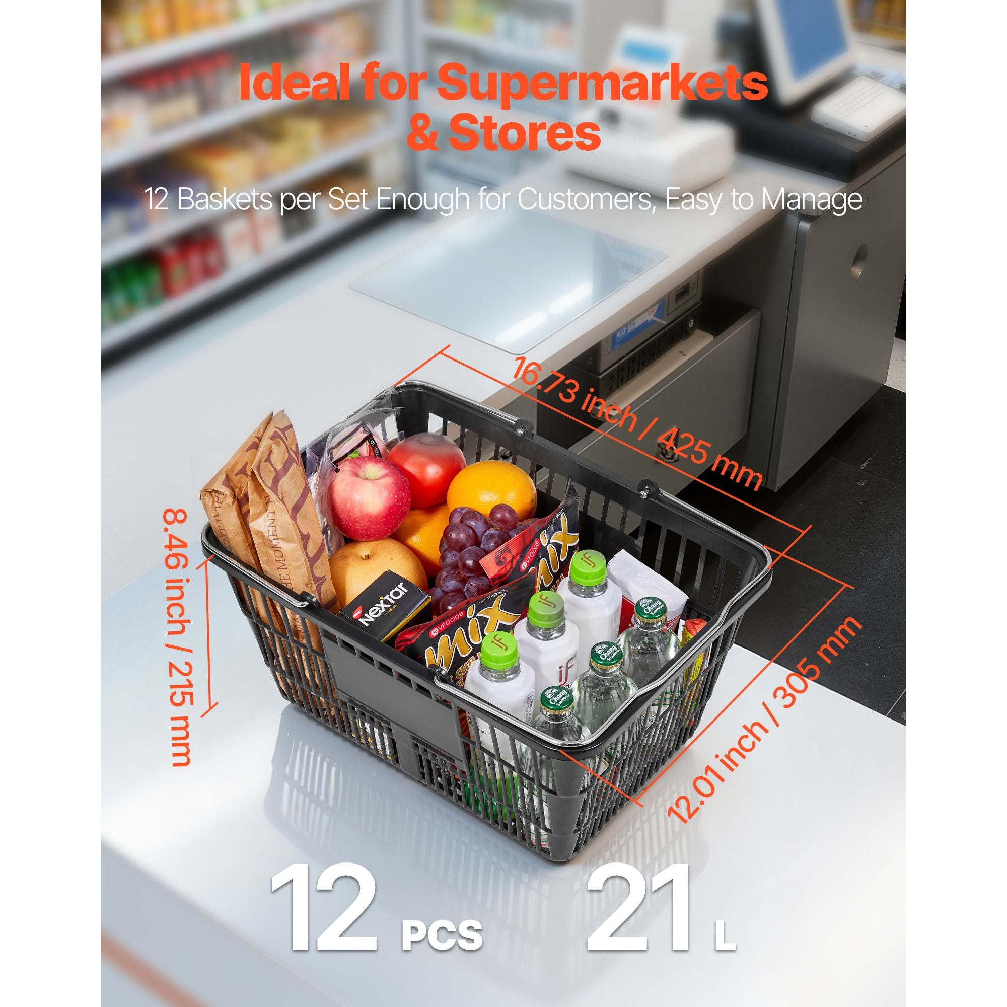Shopping Baskets, 12 PCS, 21L Stackable PE Plastic Grocery Baskets with Handles, Dense Mesh Structur