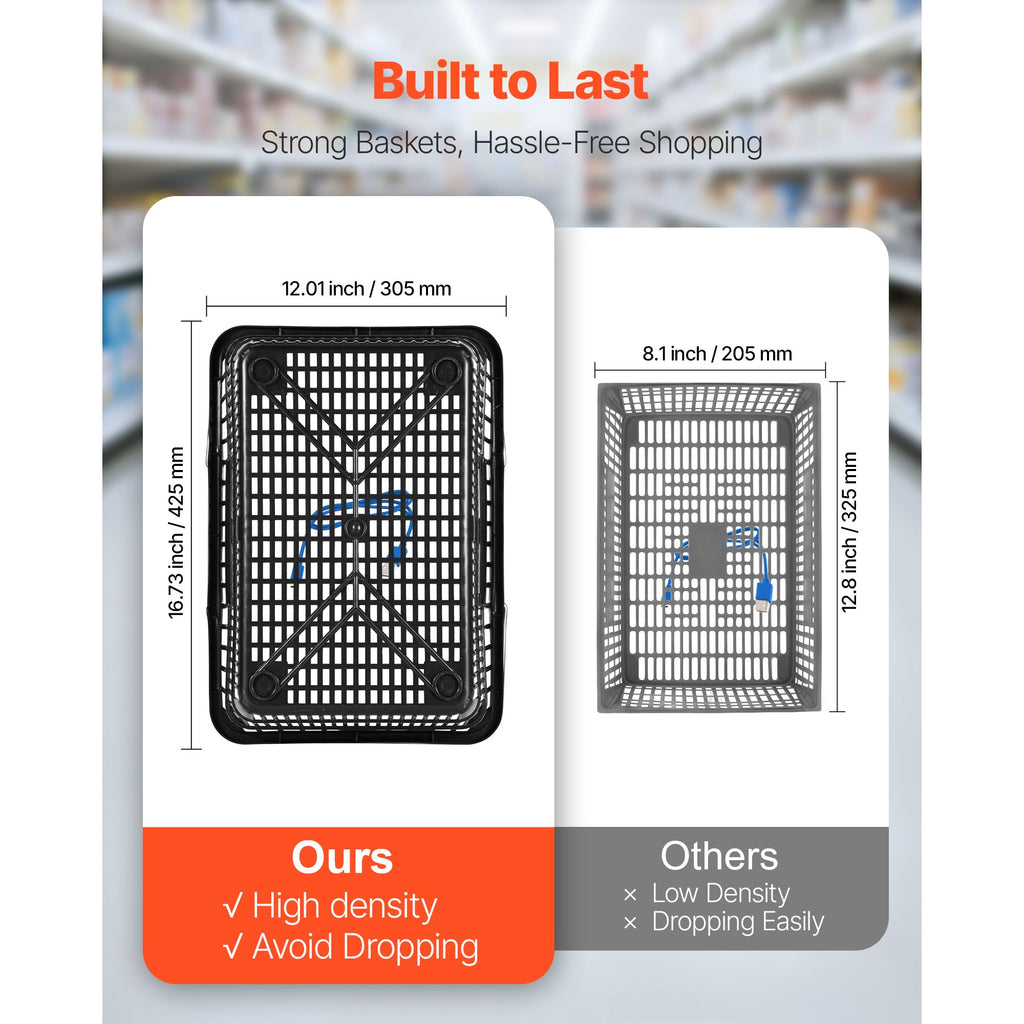 Shopping Baskets, 12 PCS, 21L Stackable PE Plastic Grocery Baskets with Handles, Dense Mesh Structur