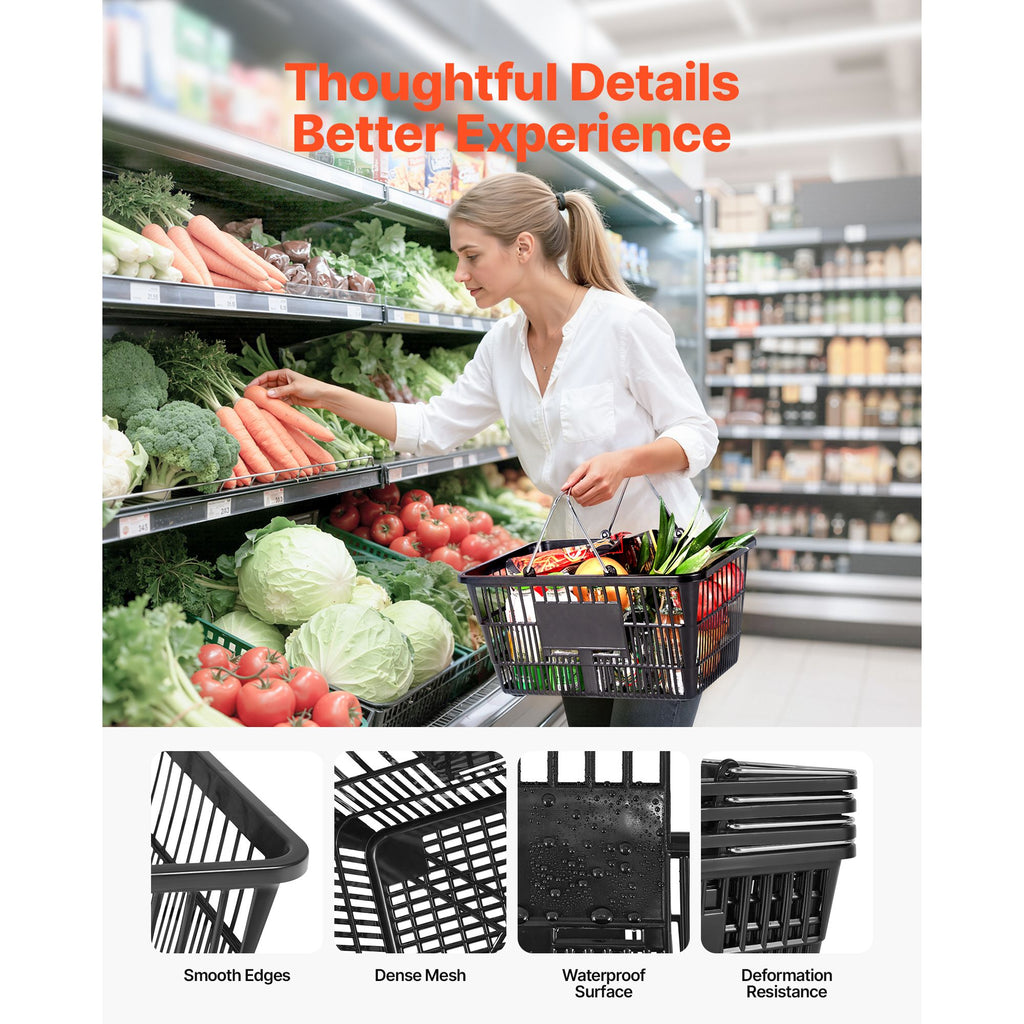Shopping Baskets, 12 PCS, 21L Stackable PE Plastic Grocery Baskets with Handles, Dense Mesh Structur