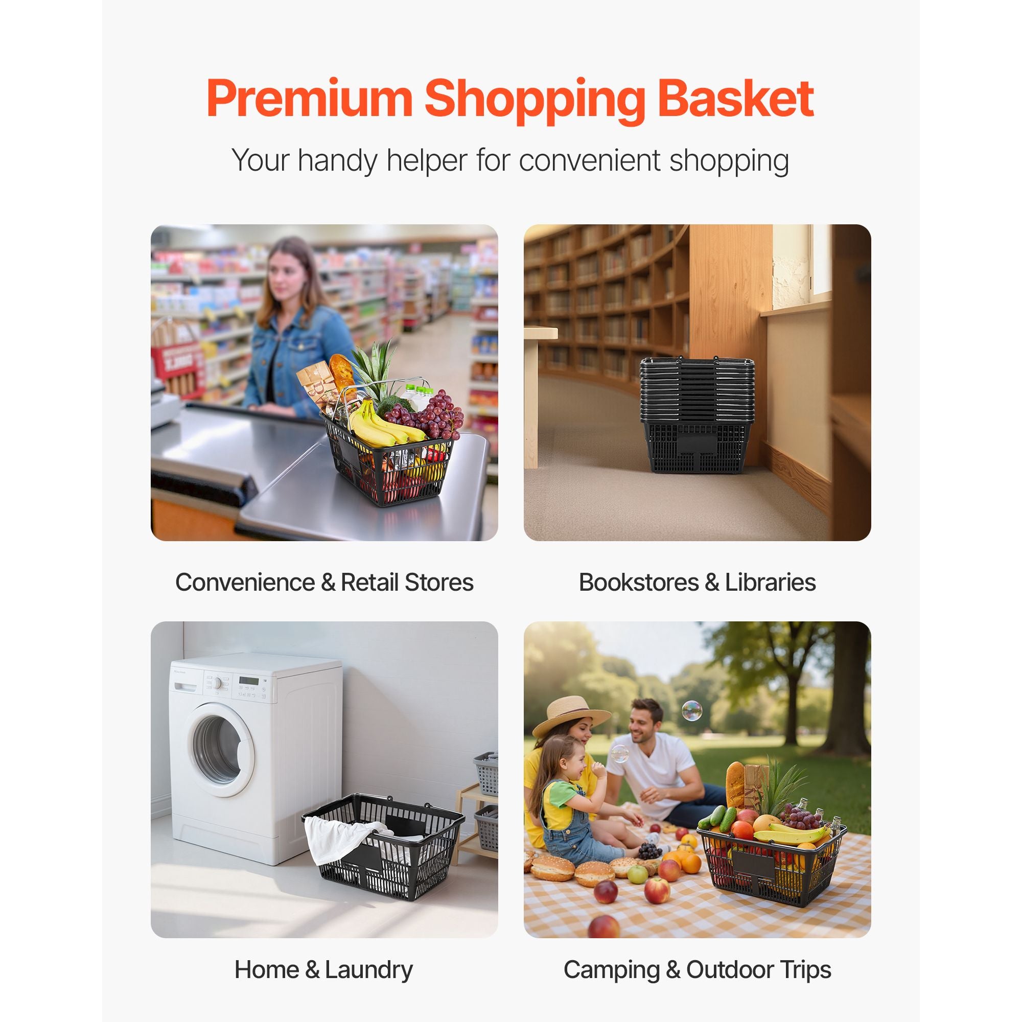 Shopping Baskets, 12 PCS, 21L Stackable PE Plastic Grocery Baskets with Handles, Dense Mesh Structur