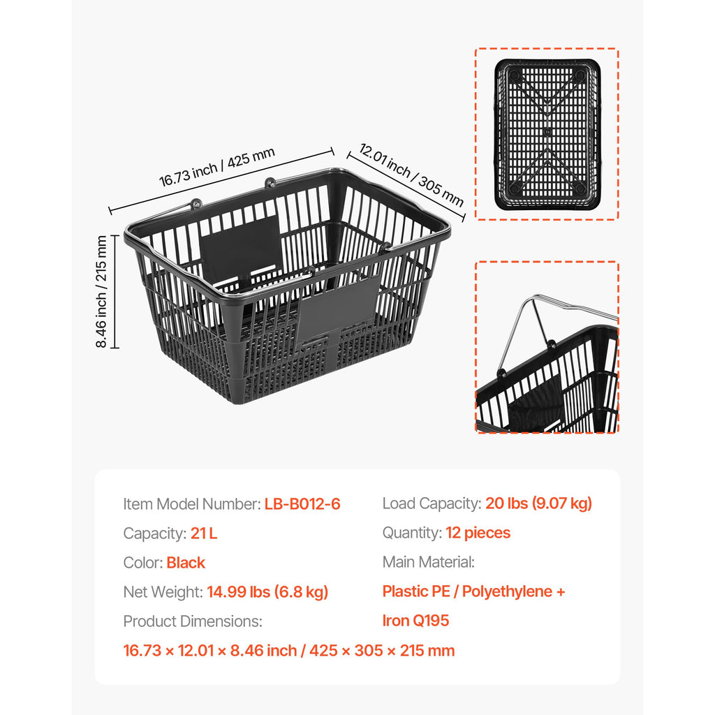 Shopping Baskets, 12 PCS, 21L Stackable PE Plastic Grocery Baskets with Handles, Dense Mesh Structur