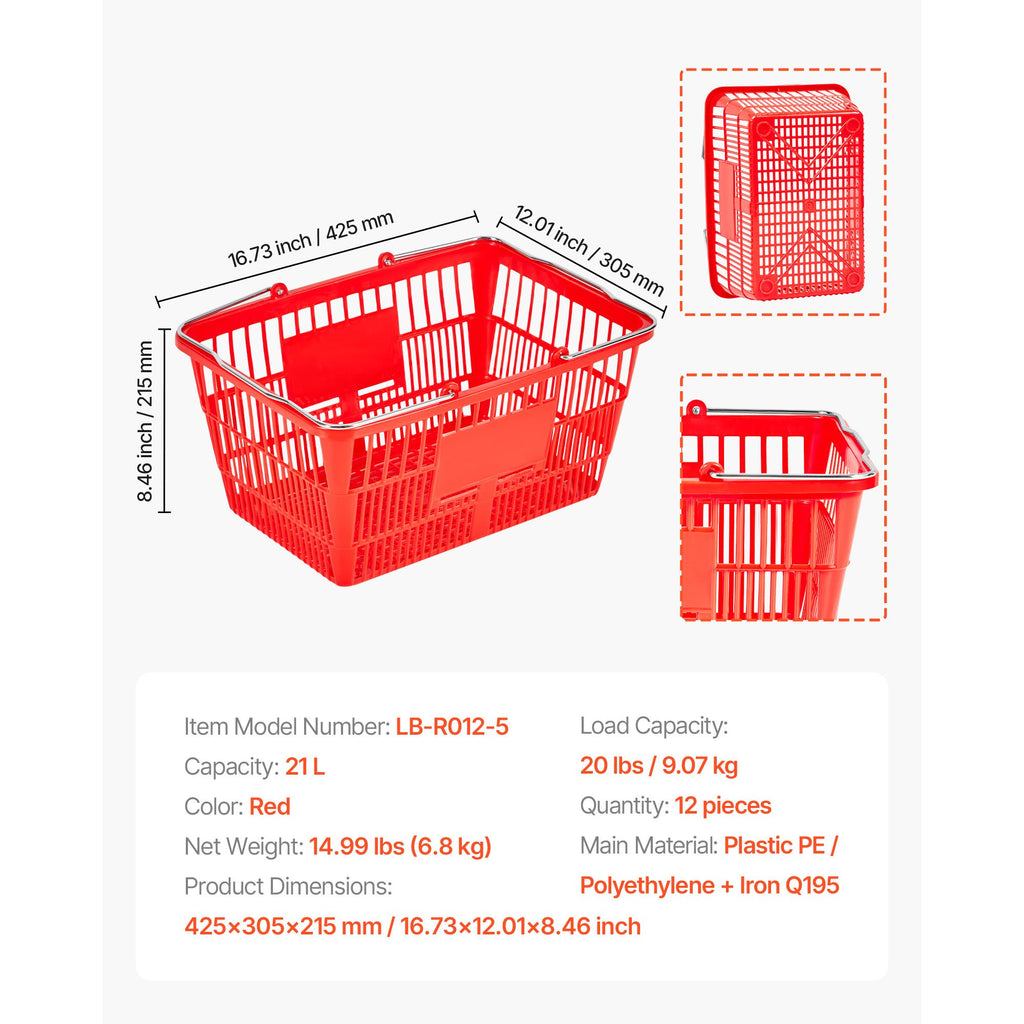 12-Pack Stackable Shopping Baskets with Metal Handles – Large Capacity