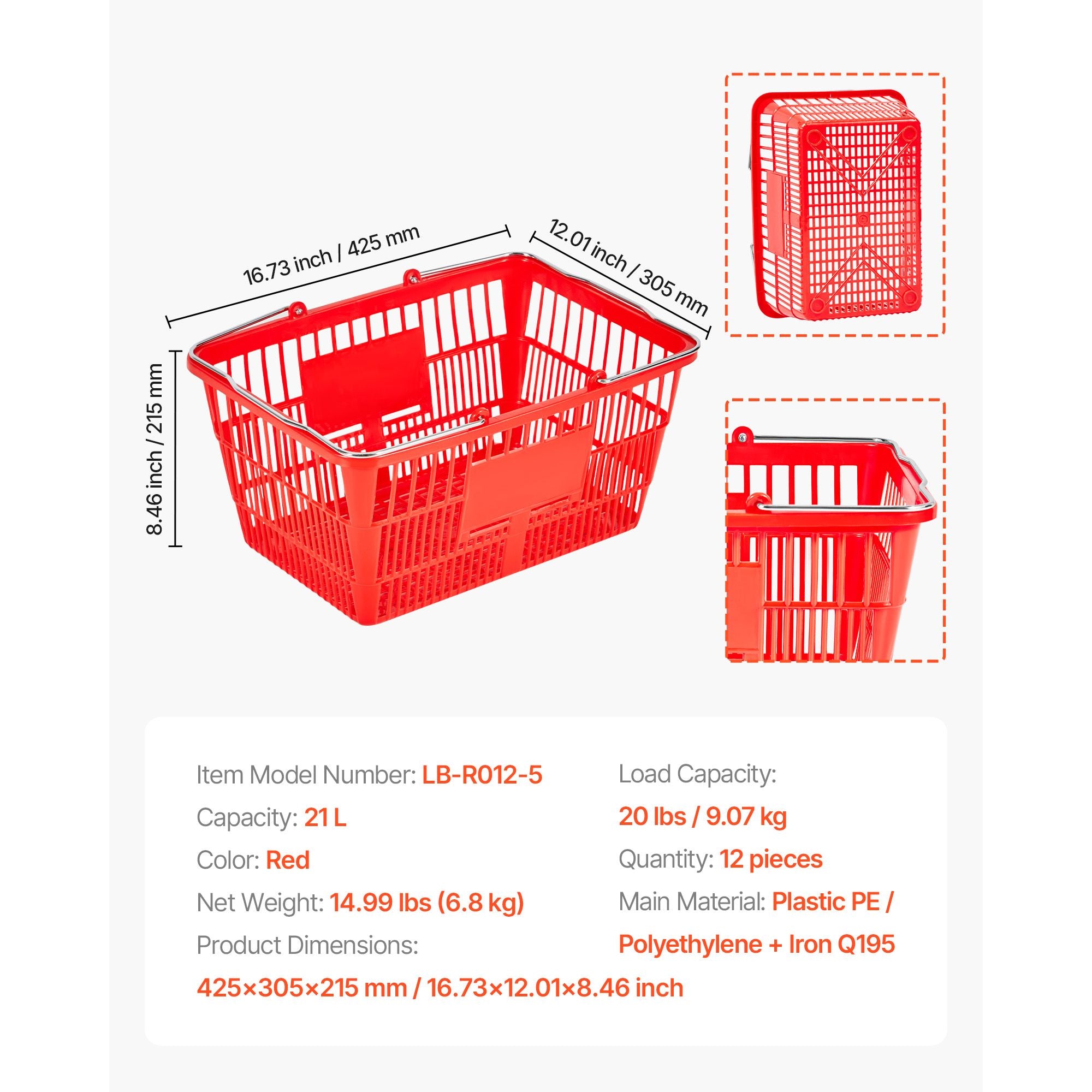 12-Pack Stackable Shopping Baskets with Metal Handles – Large Capacity