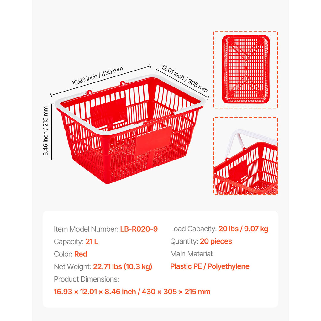 Stackable Plastic Shopping Baskets with Handles – 20 Pack