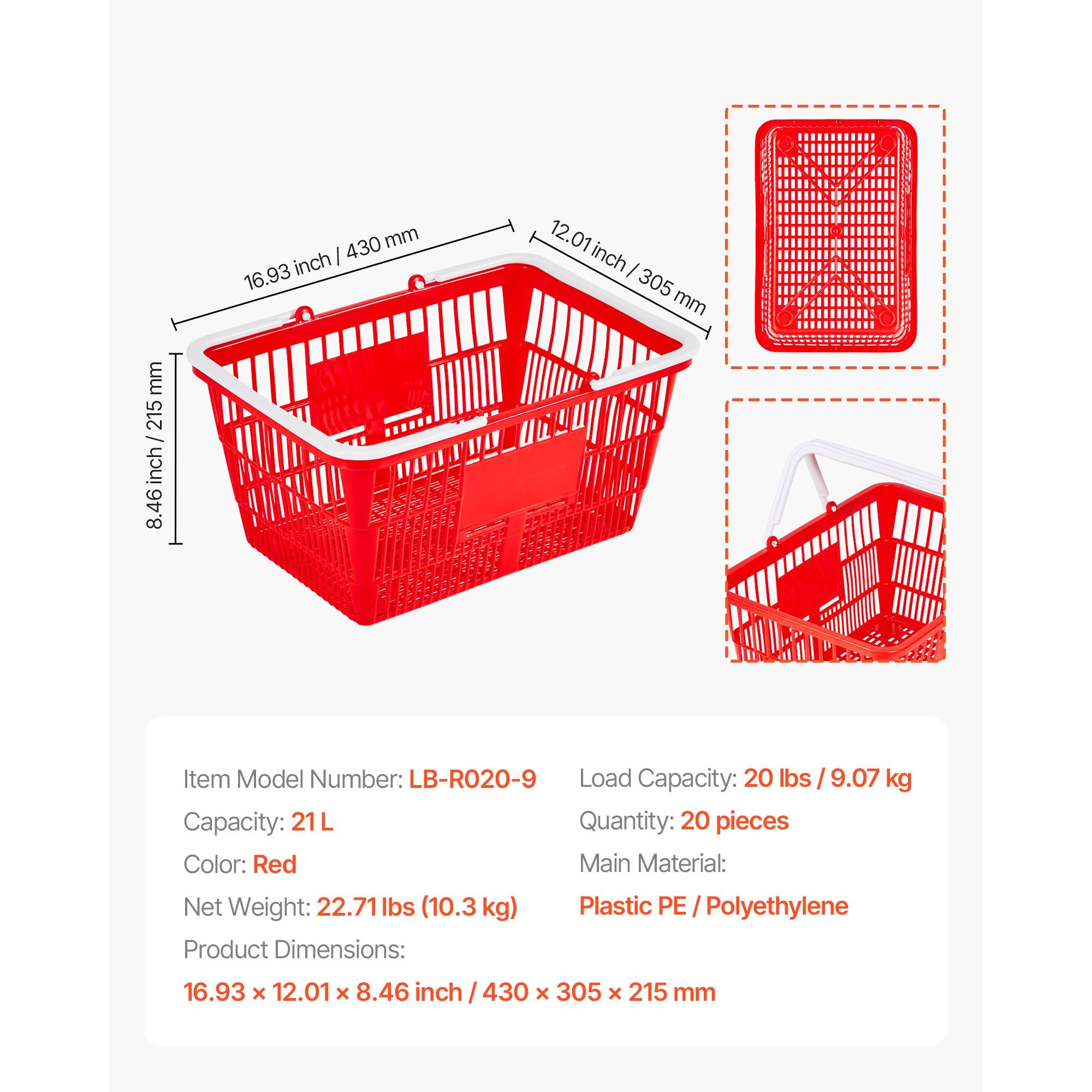 Stackable Plastic Shopping Baskets with Handles – 20 Pack