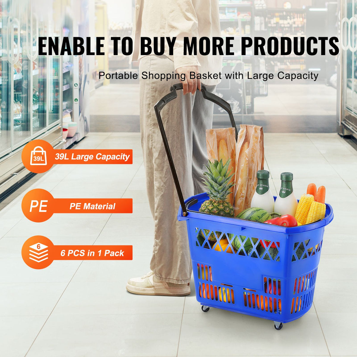 VEVOR Rolling Shopping Basket Set with Handles and Wheels