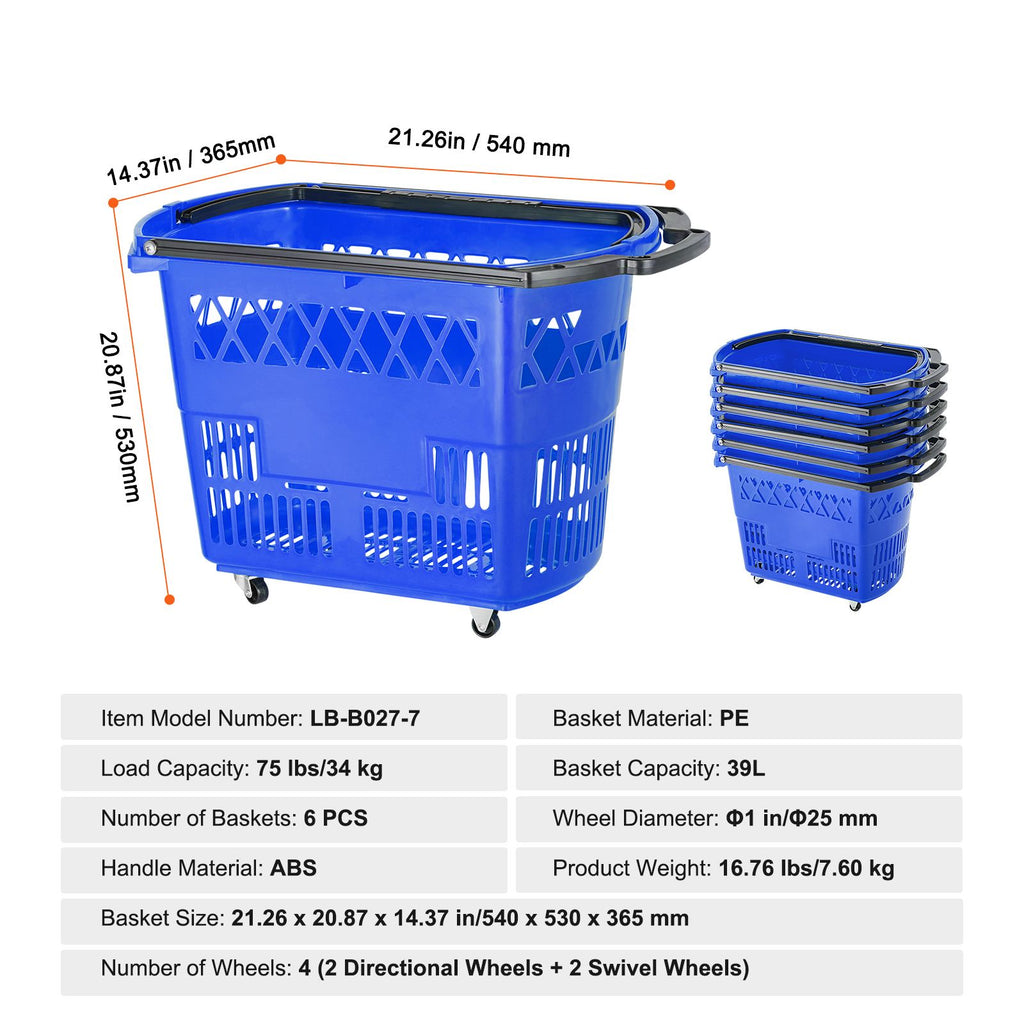 VEVOR Rolling Shopping Basket Set with Handles and Wheels