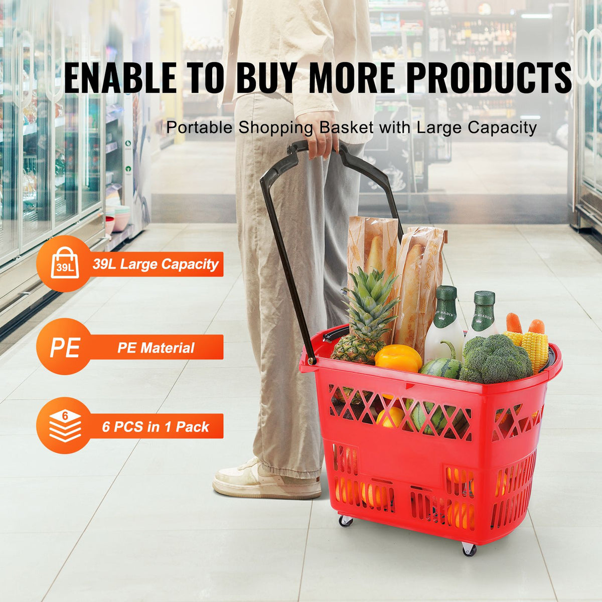 VEVOR Red Rolling Shopping Basket Set with Dual Handles