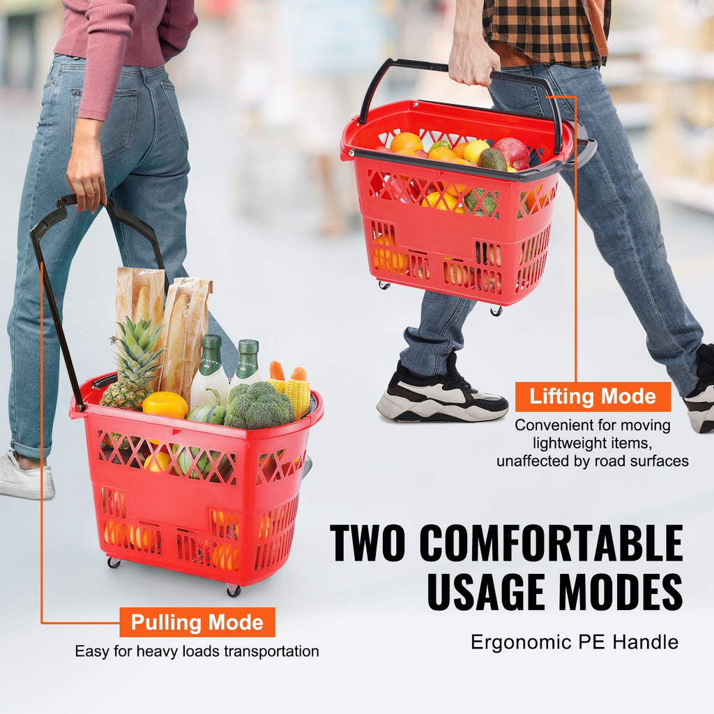 VEVOR Red Rolling Shopping Basket Set with Dual Handles