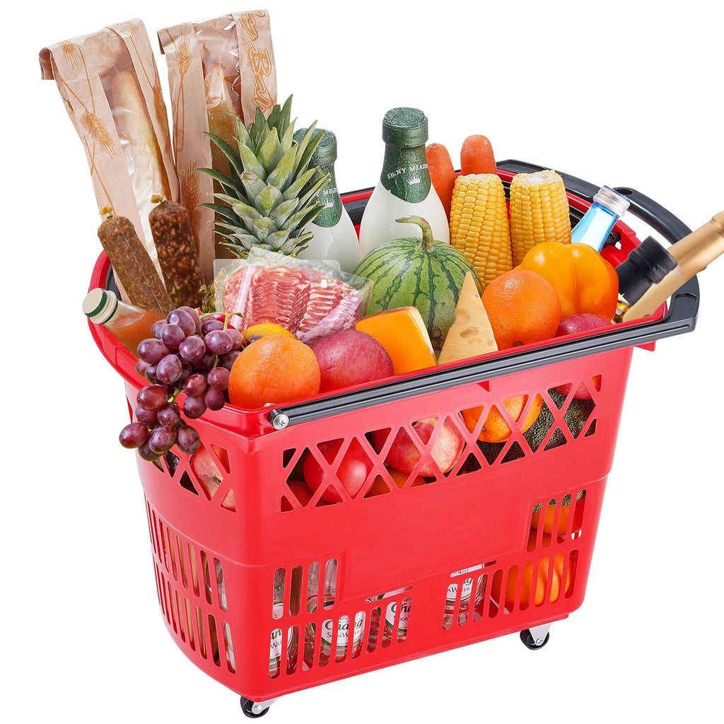 VEVOR Red Rolling Shopping Basket Set with Dual Handles