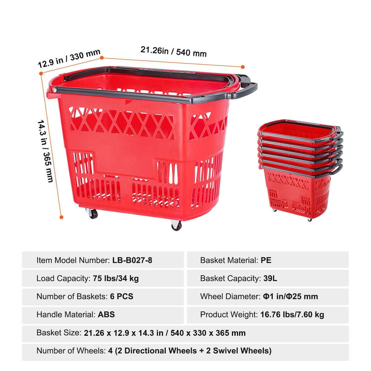 VEVOR Red Rolling Shopping Basket Set with Dual Handles