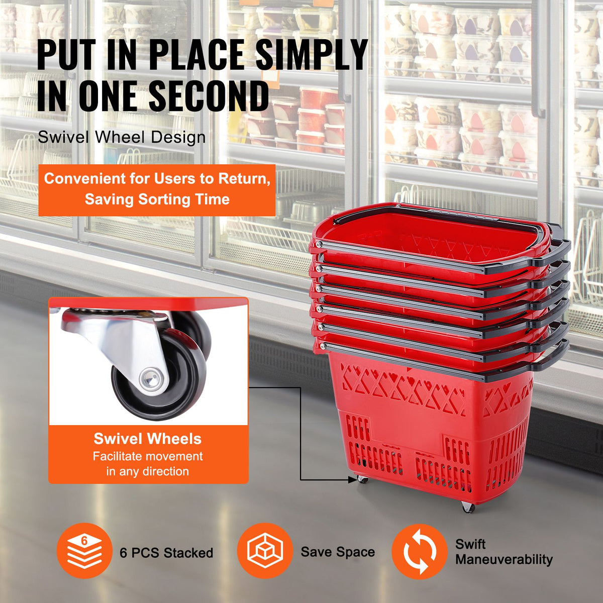 VEVOR Red Rolling Shopping Basket Set with Dual Handles
