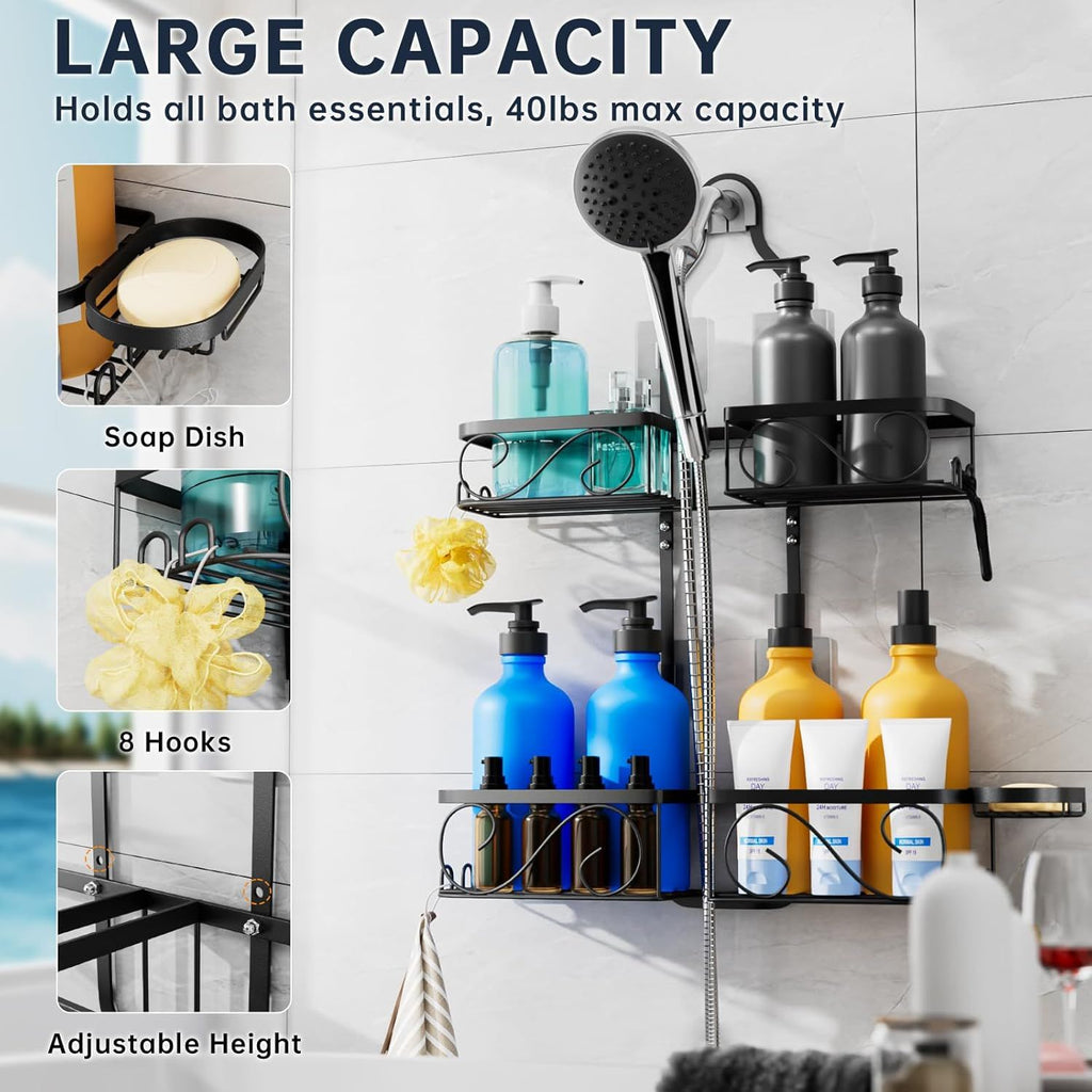 Hanging Shower Caddy for Handheld Showerheads with Soap Dish and Razor Hooks