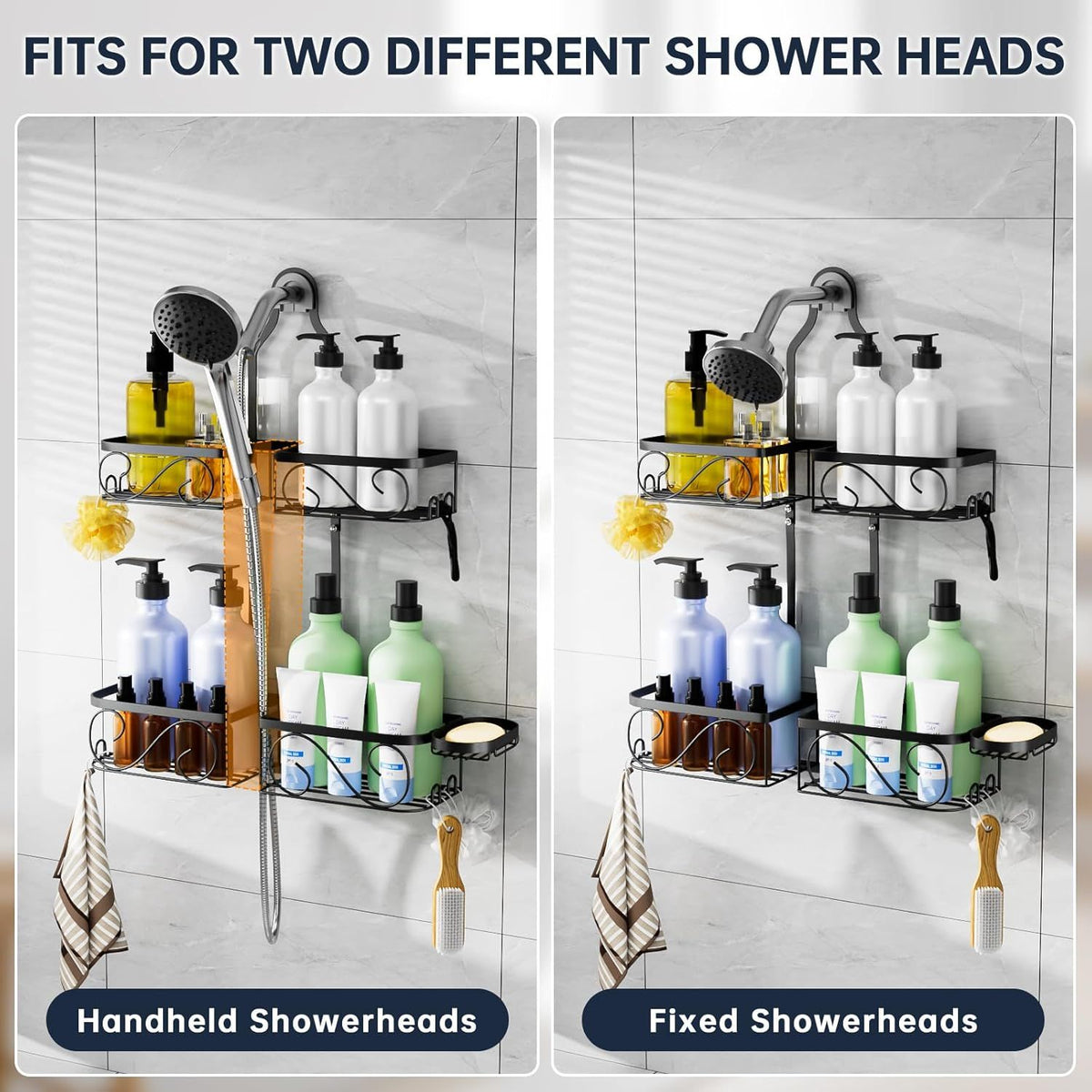 Hanging Shower Caddy for Handheld Showerheads with Soap Dish and Razor Hooks
