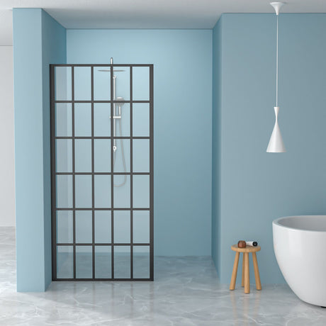 Frameless Fixed Shower Door with Open Entry Design in Matte Black