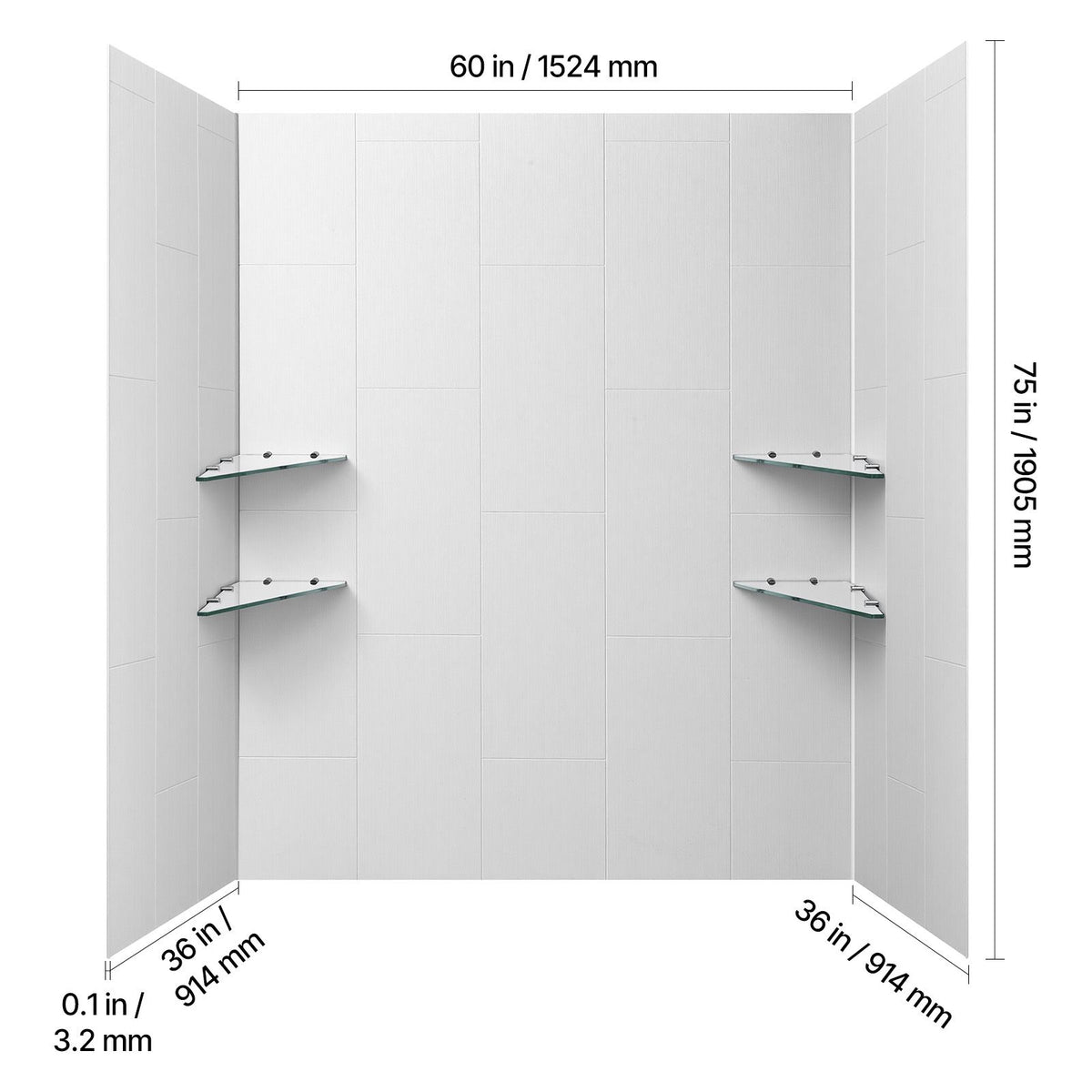 Complete 3-Panel water-ready SMC Shower Wall Kit with 4 Glass Shelves