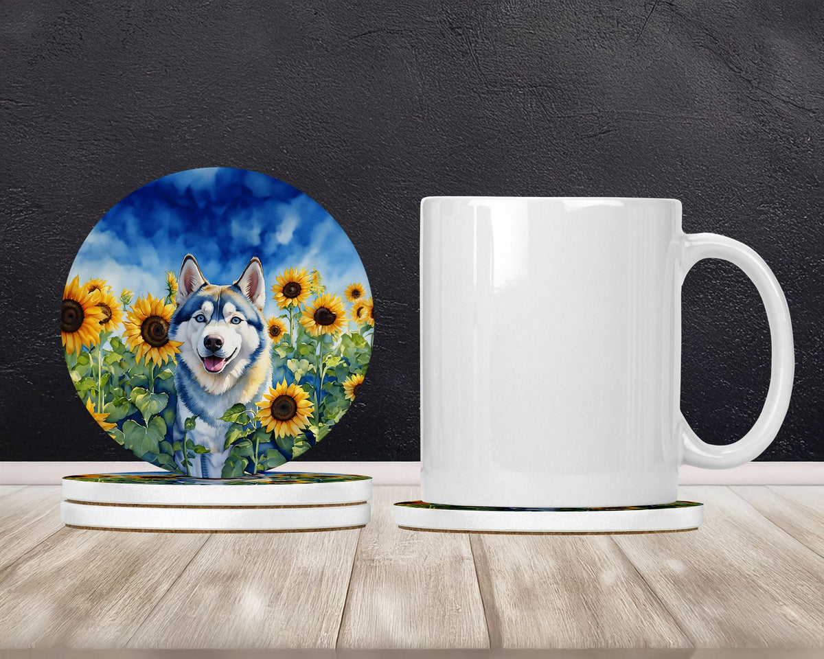 Siberian Husky in Sunflowers Coaster Set
