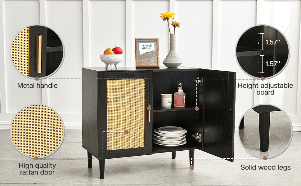 Modern Rattan-Door Sideboard with Adjustable Shelf