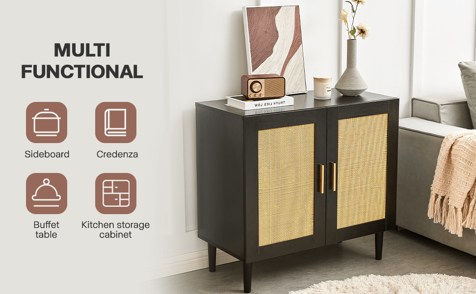 Modern Rattan-Door Sideboard with Adjustable Shelf