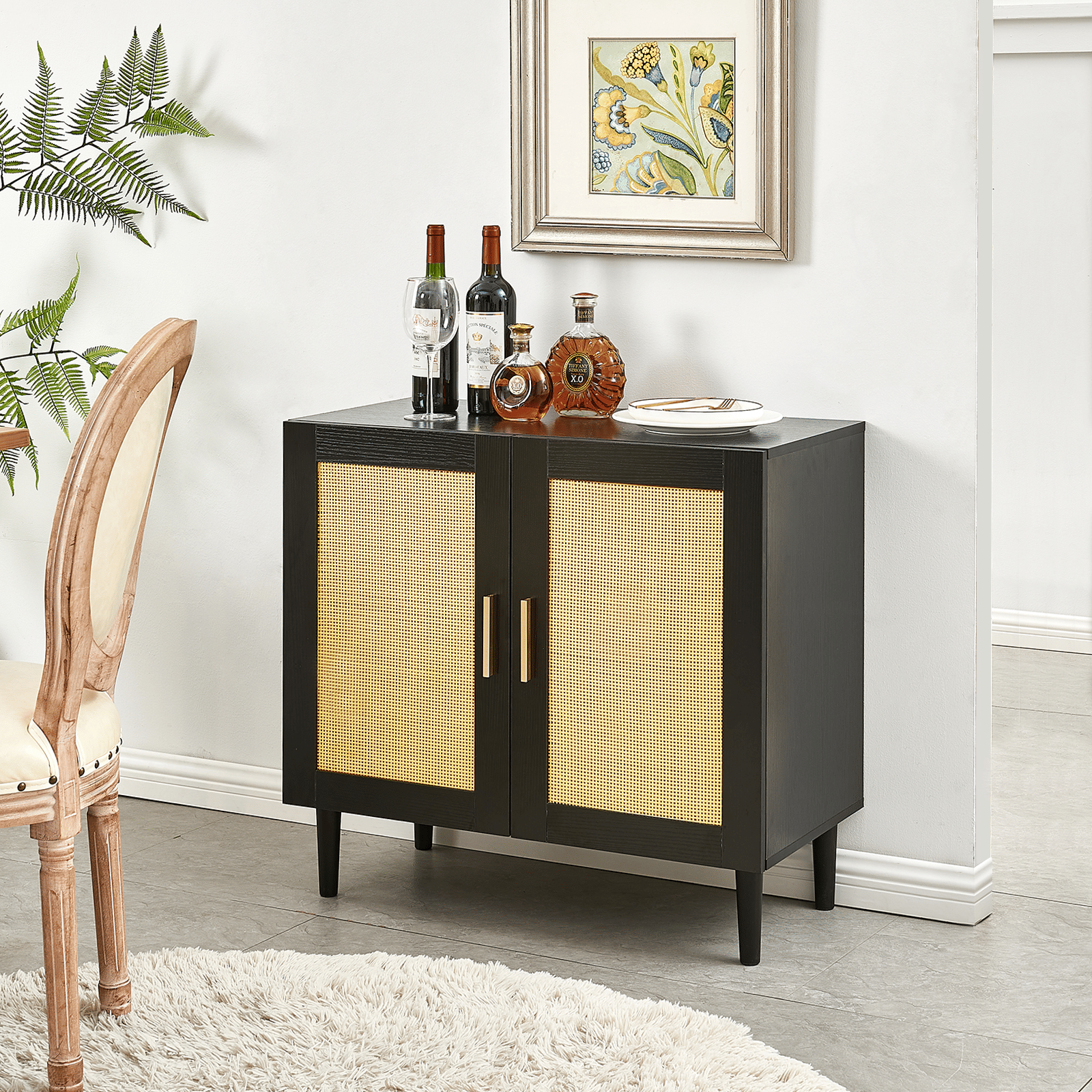 Modern Rattan-Door Sideboard with Adjustable Shelf