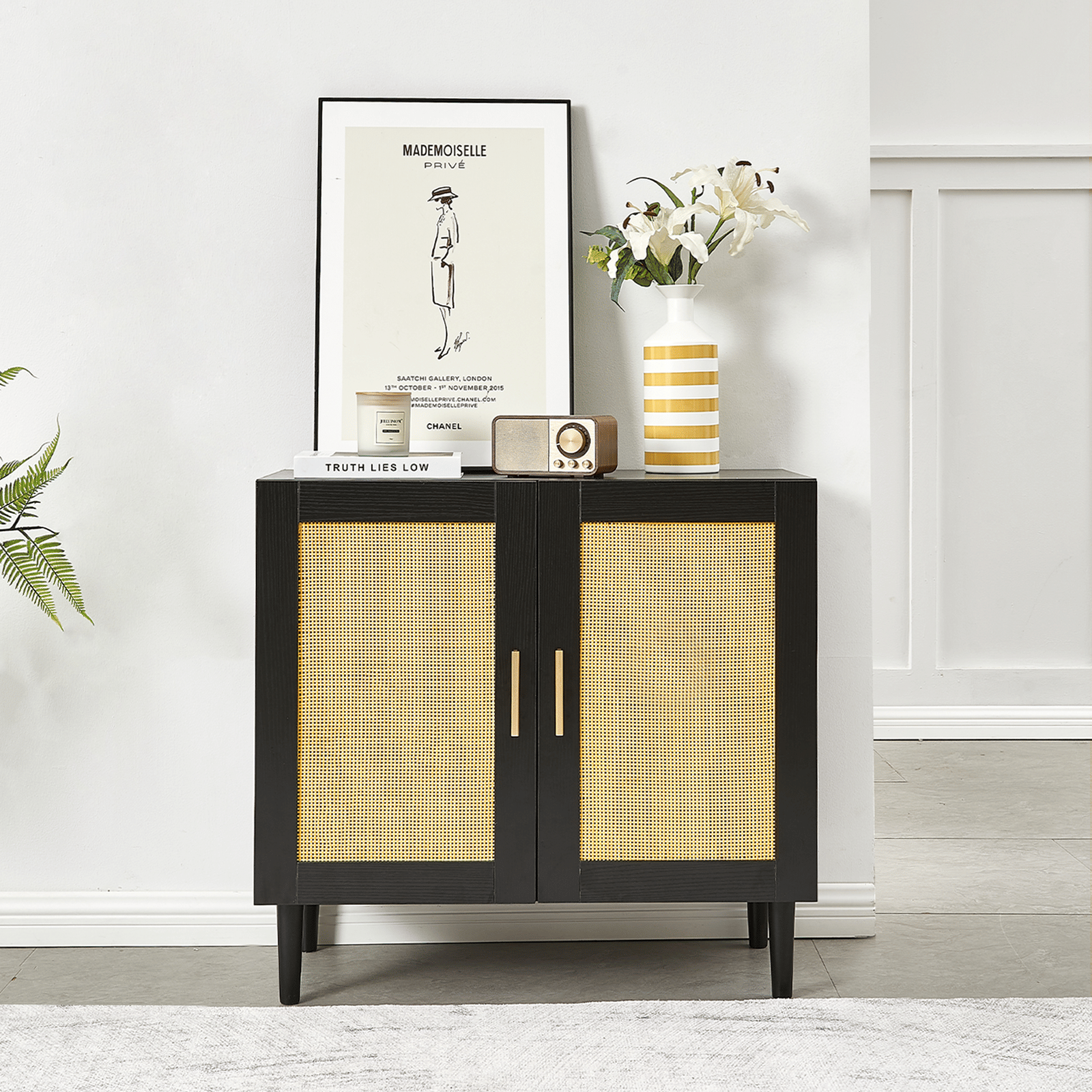 Modern Rattan-Door Sideboard with Adjustable Shelf