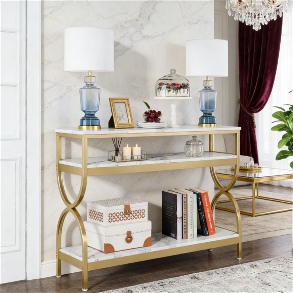 White and Gold Three-Tier Console Table