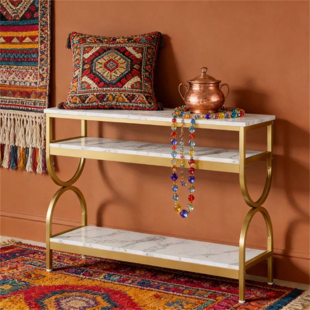 White and Gold Three-Tier Console Table