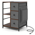 Side Table with Charging Station Industrial Nightstand with Open Shelves