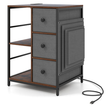 Side Table with Charging Station Industrial Nightstand with Open Shelves