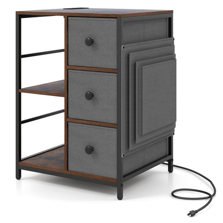 Side Table with Charging Station Industrial Nightstand with Open Shelves