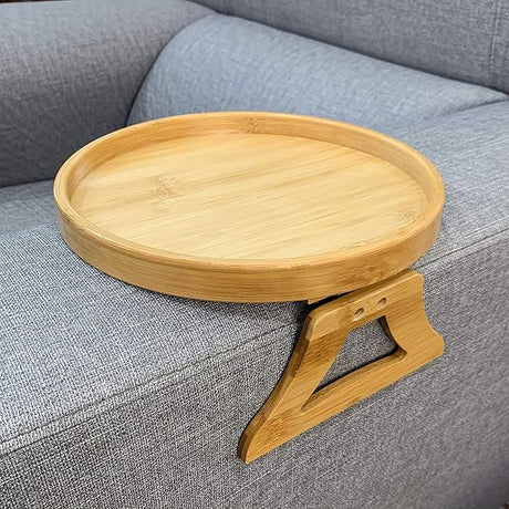 Natural Bamboo Sofa Armrest Clip-On Tray for Remote, Drinks, Phone