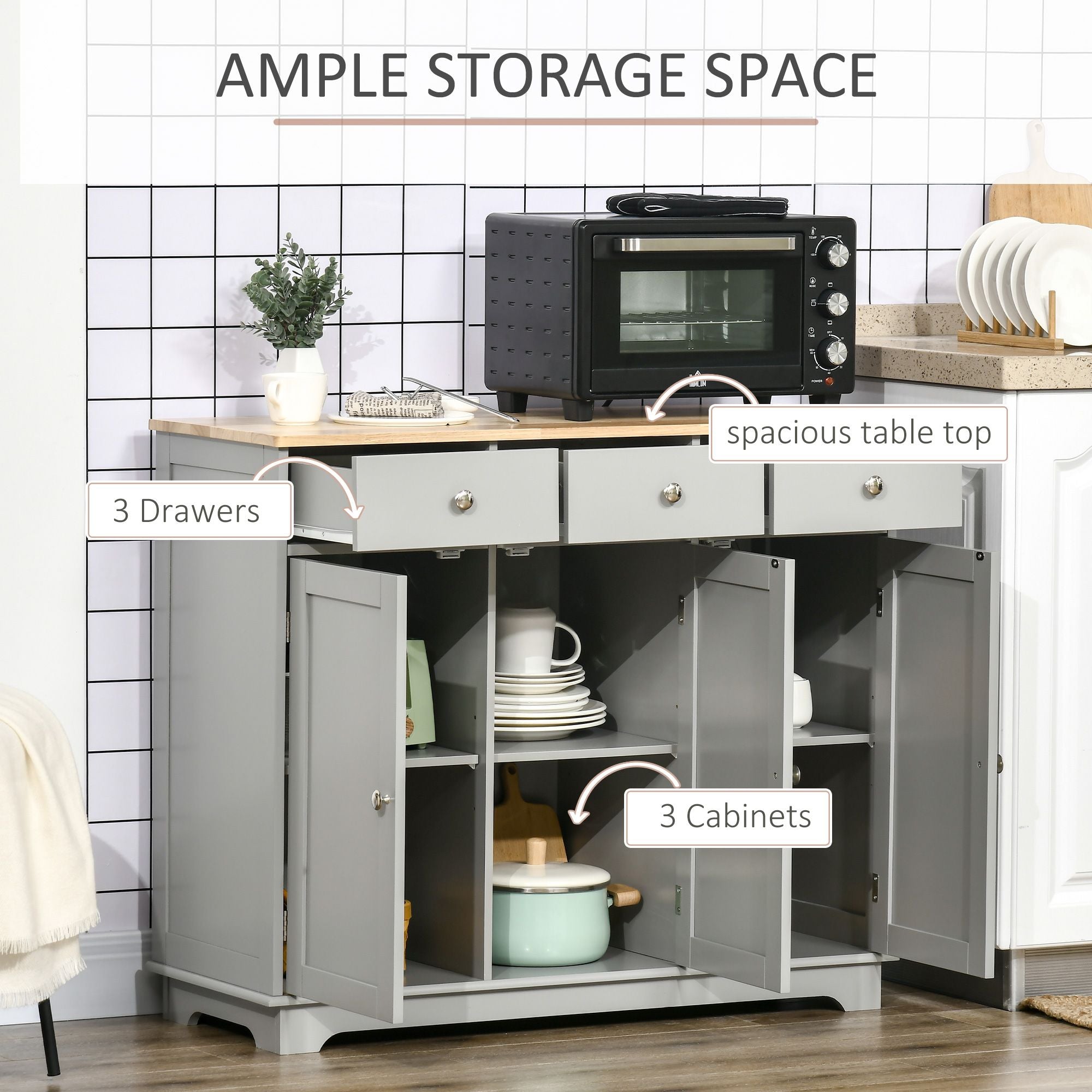 Multifunctional Sideboard Cabinet with Rubberwood Top and Drawers for Living Room or Dining Room
