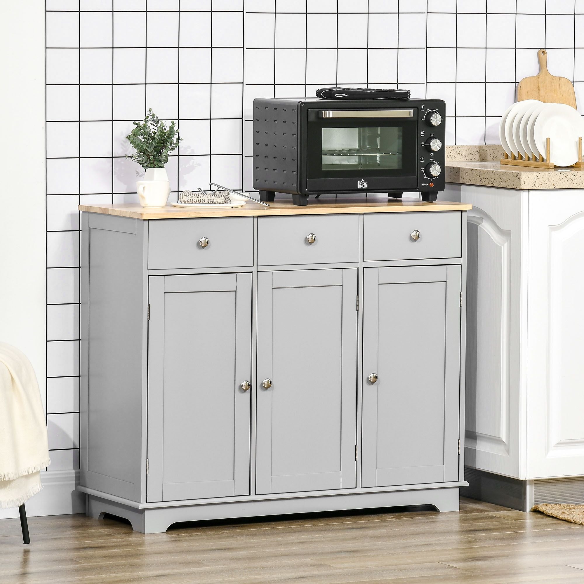 Multifunctional Sideboard Cabinet with Rubberwood Top and Drawers for Living Room or Dining Room