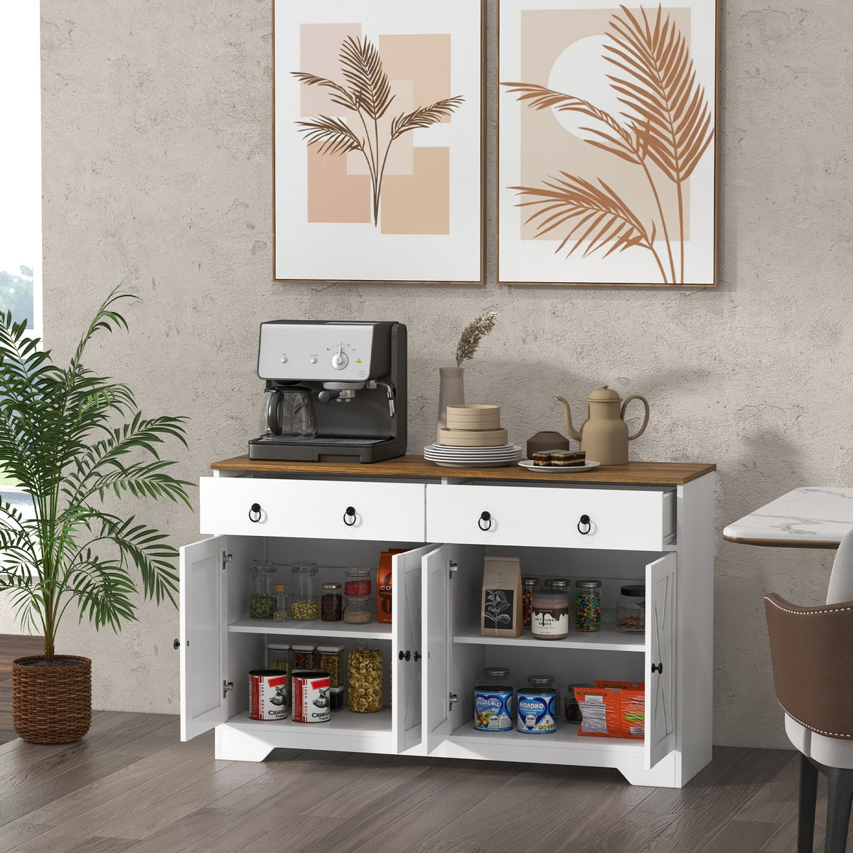 Sideboard Buffet with 2 Drawers, 4 Barn Doors and 2 Adjustable Shelves, Kitchen Buffet