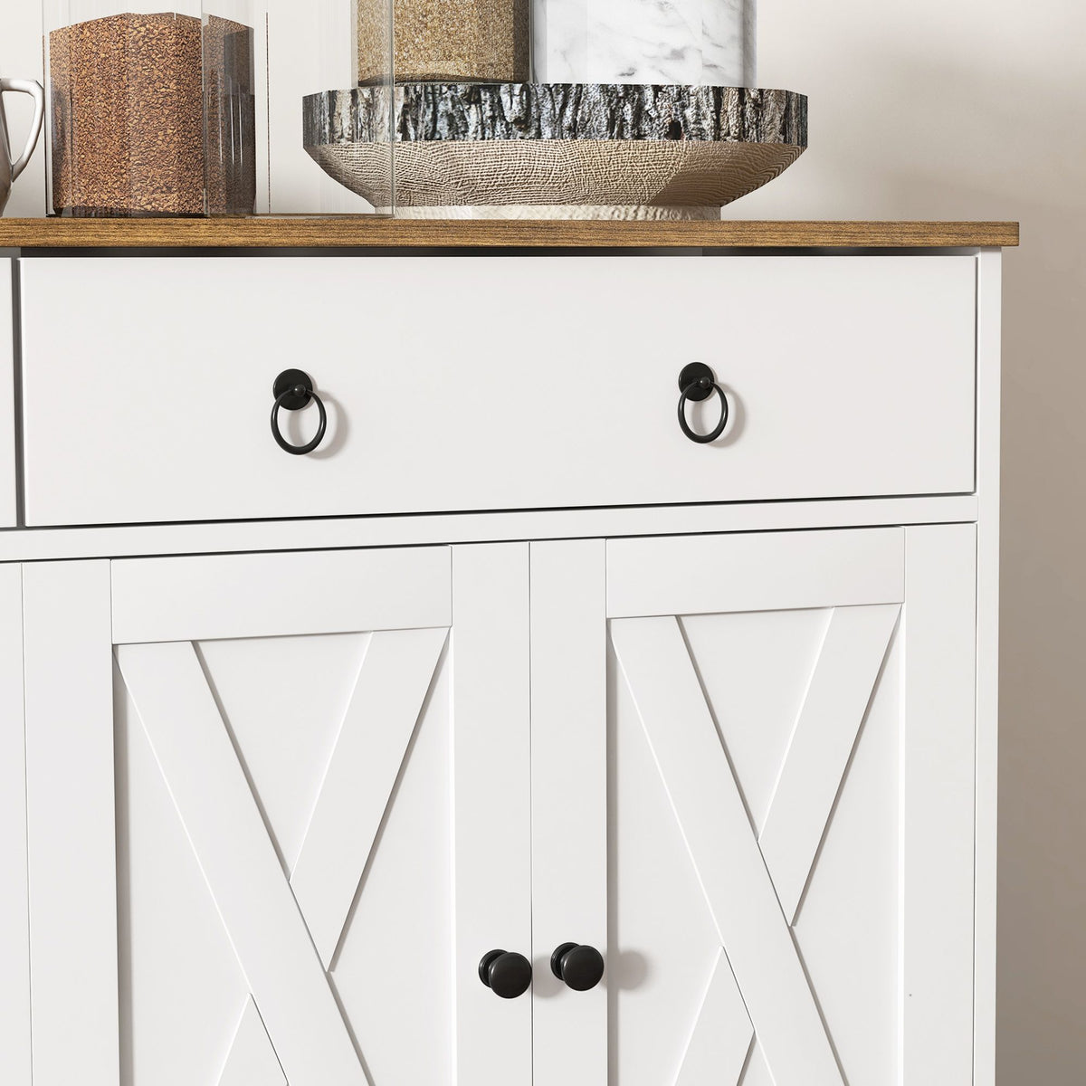 Sideboard Buffet with 2 Drawers, 4 Barn Doors and 2 Adjustable Shelves, Kitchen Buffet