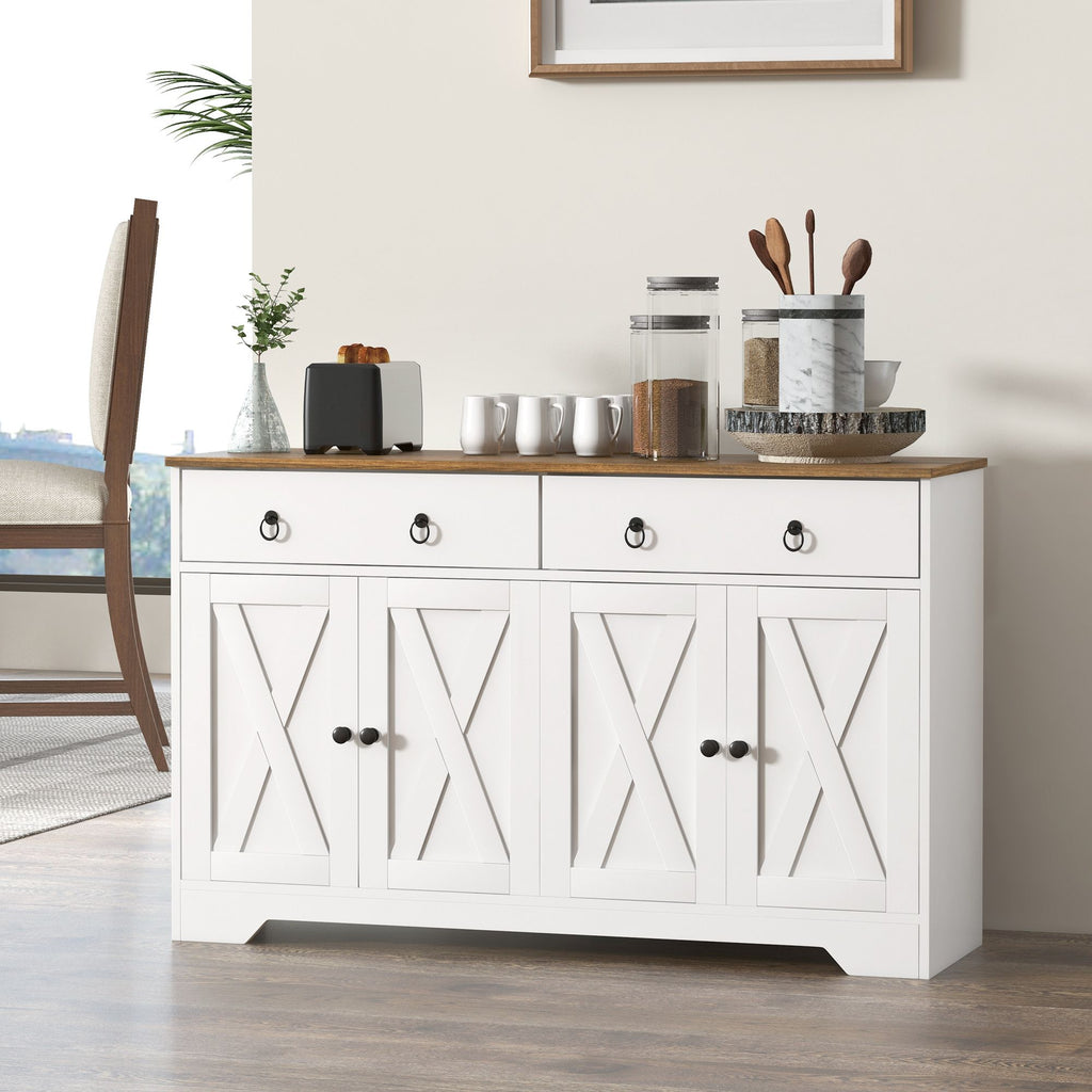 Sideboard Buffet with 2 Drawers, 4 Barn Doors and 2 Adjustable Shelves, Kitchen Buffet