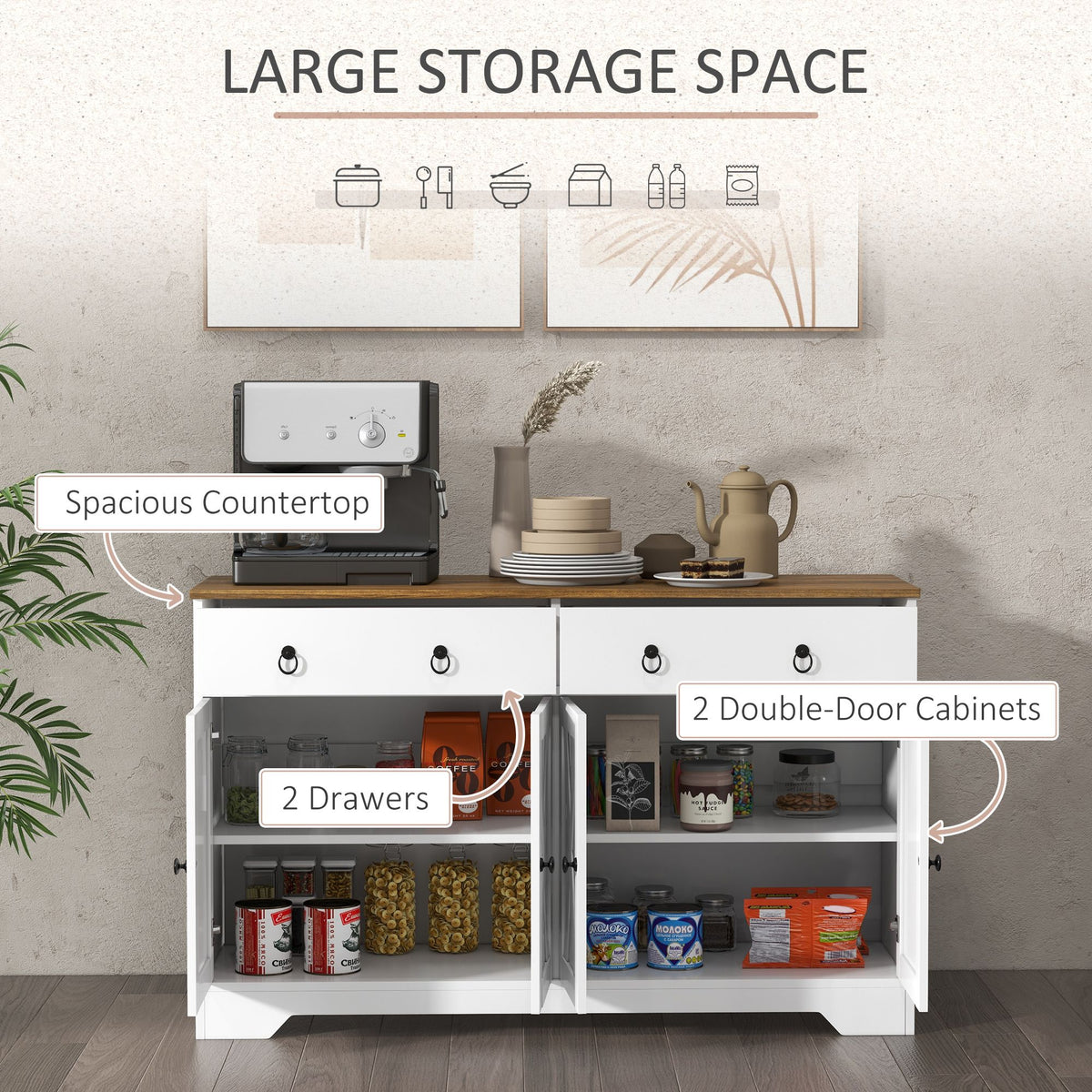 Sideboard Buffet with 2 Drawers, 4 Barn Doors and 2 Adjustable Shelves, Kitchen Buffet