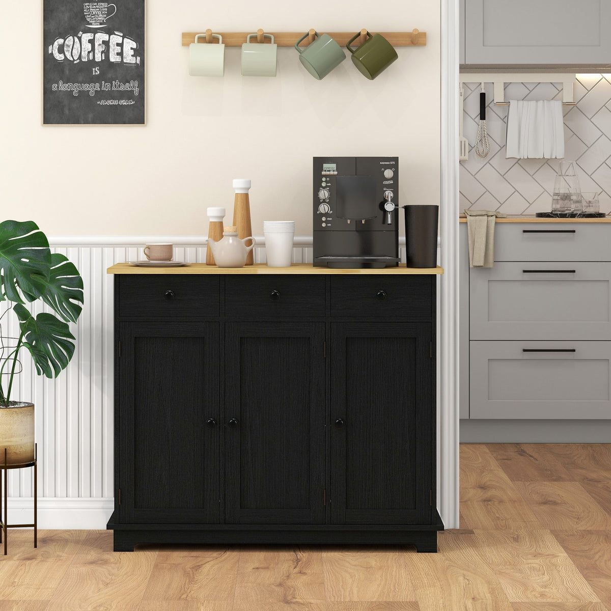 Sideboard with Wood Countertop, Kitchen Storage Cabinet, Coffee Bar Cabinet with 3