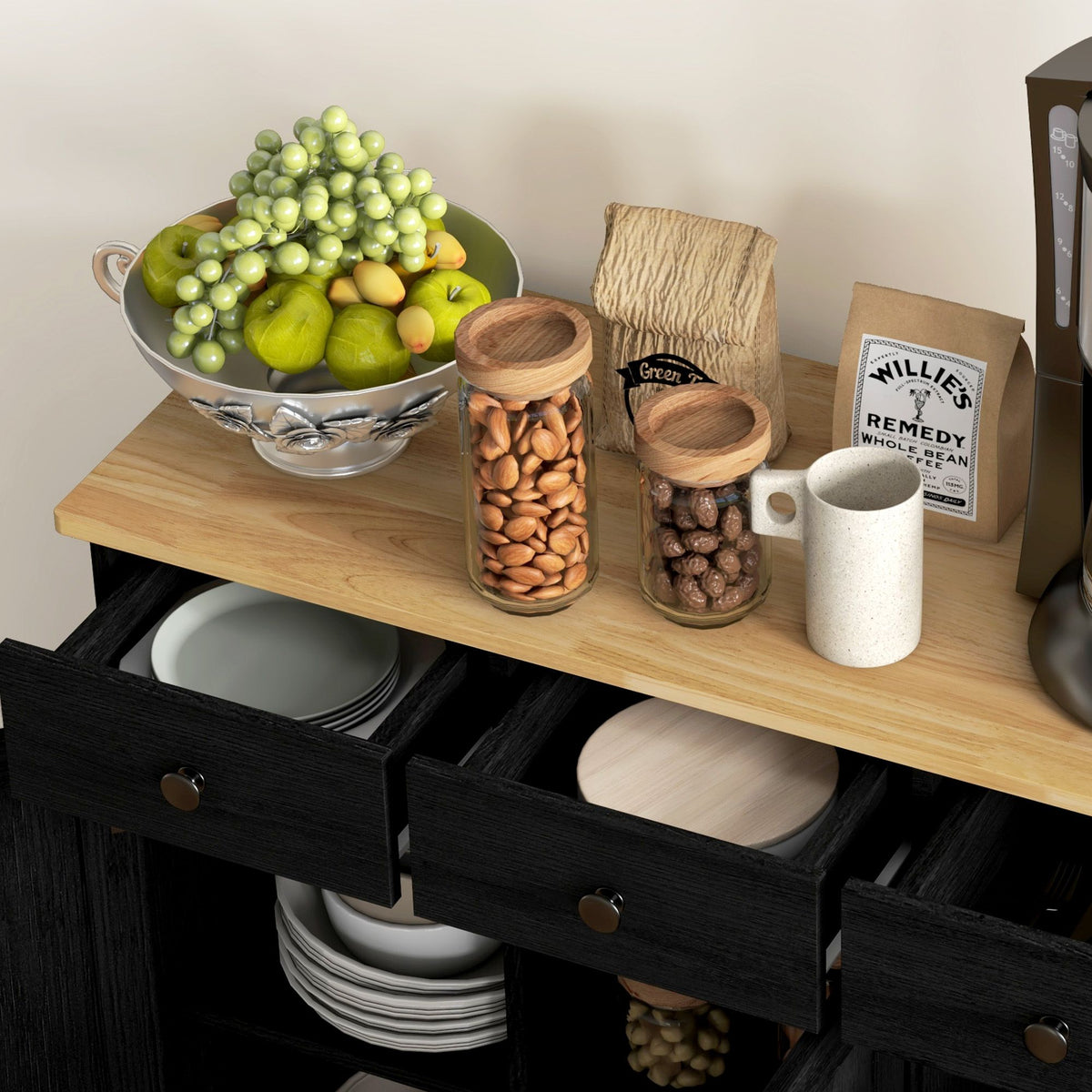 Sideboard with Wood Countertop, Kitchen Storage Cabinet, Coffee Bar Cabinet with 3
