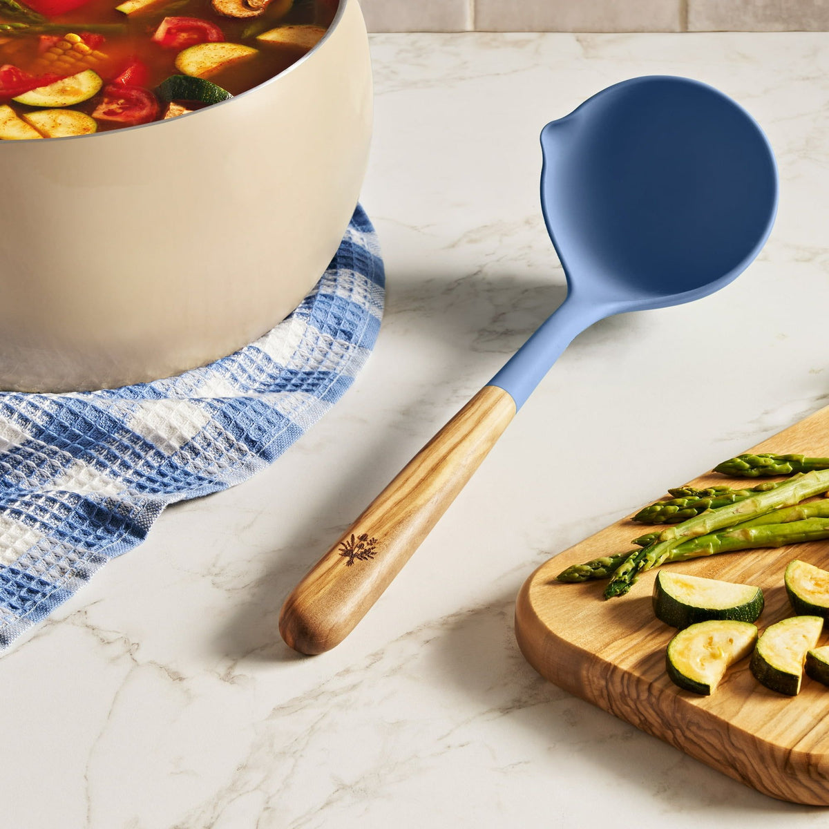 Blue Soup Ladle with Ergonomic Olivewood Handle