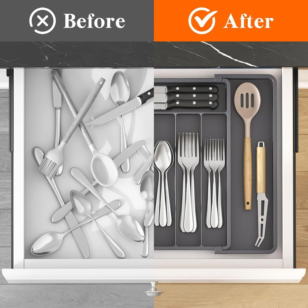 Expandable Silverware Drawer Organizer for Spoons, Forks, and Knives