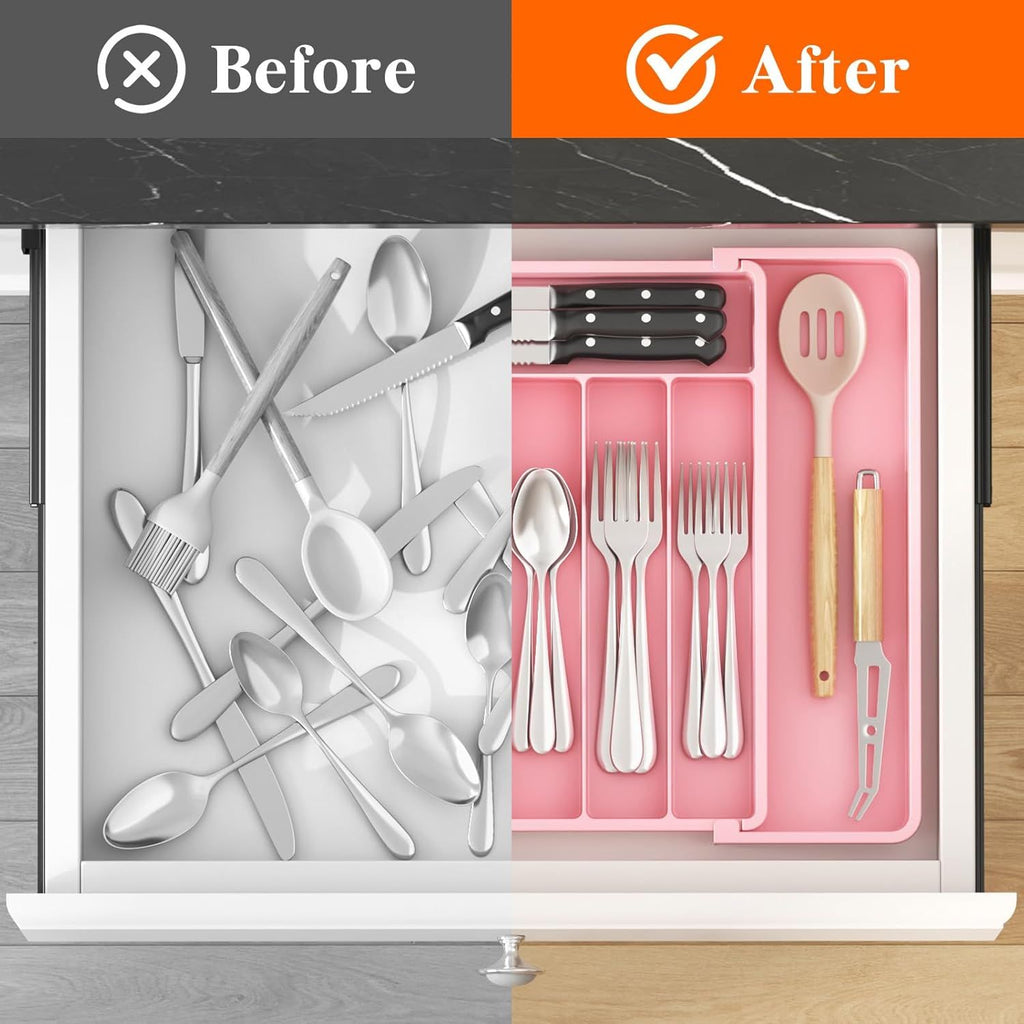 Expandable Silverware Drawer Organizer - Adjustable Utensil Tray with 8 Compartments, Pink
